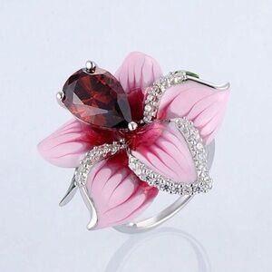 Floral Pink Enamel & Garnet-Style Crystal Ring - Women Jewelry 7